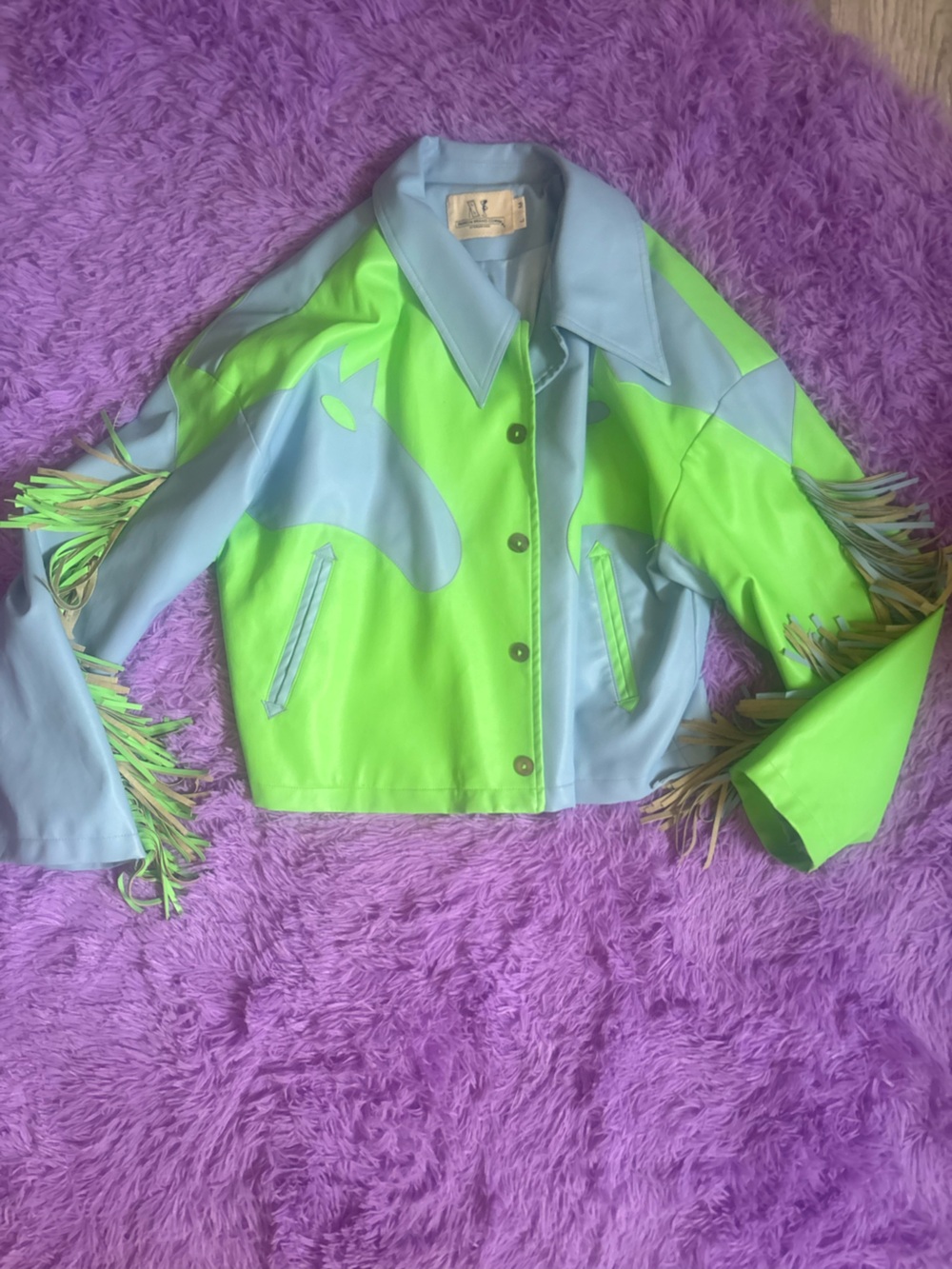 Fashion Brand Company Dueling Horses Blue and Green Plant Leather jacket  M/L